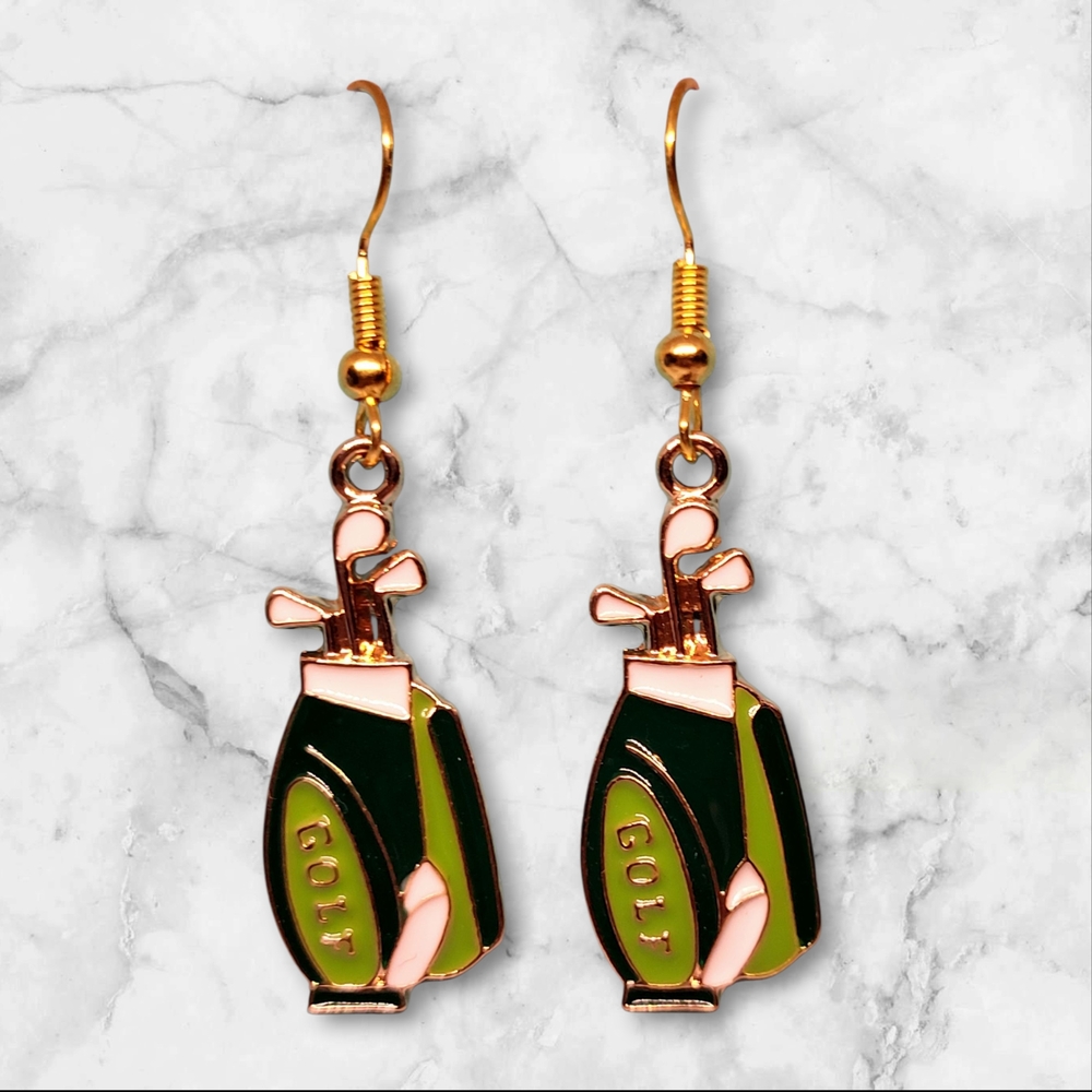 Elegant Gold and Green Golf Bag Earrings